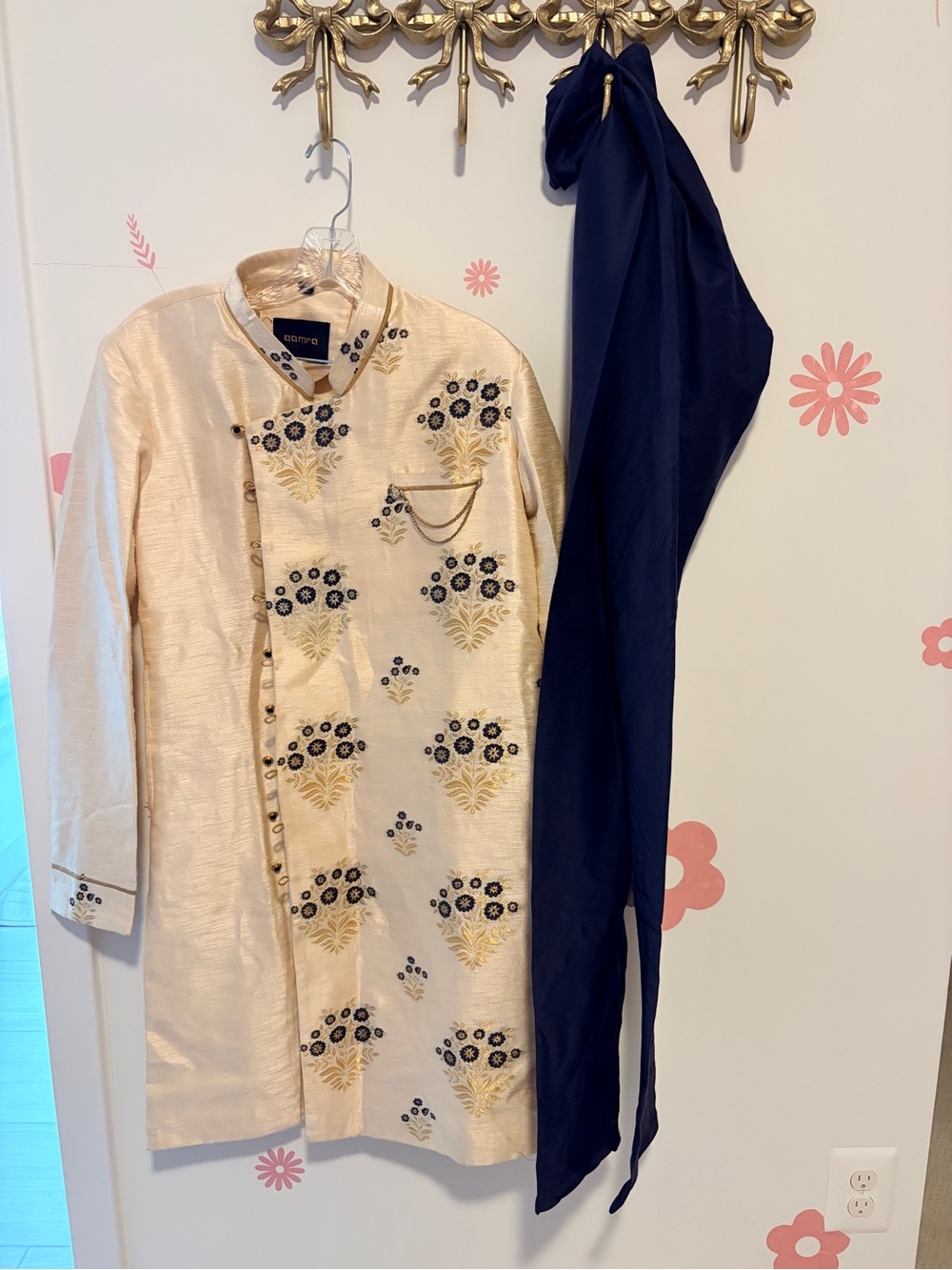 Embroidered Ivory Sherwani with Navy pant